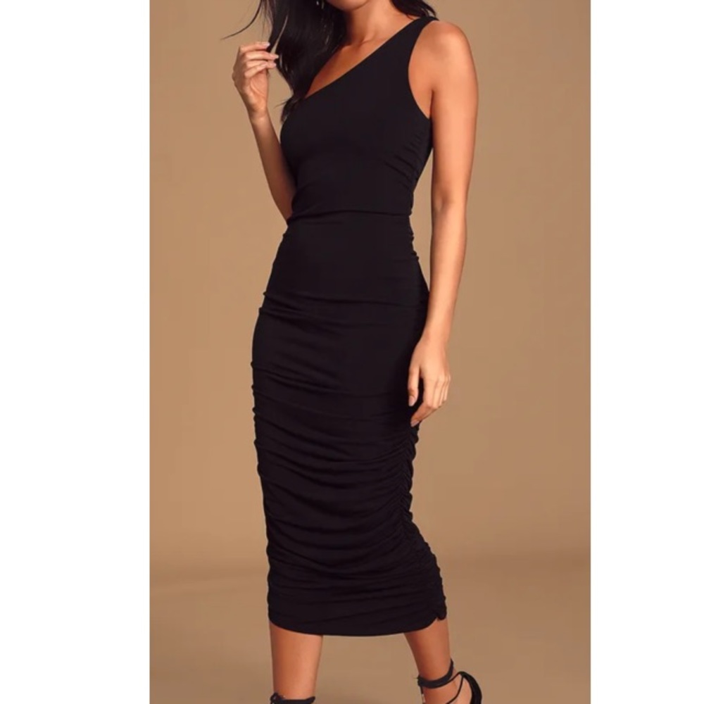 Black Ruched One Shoulder Black Midi Dress